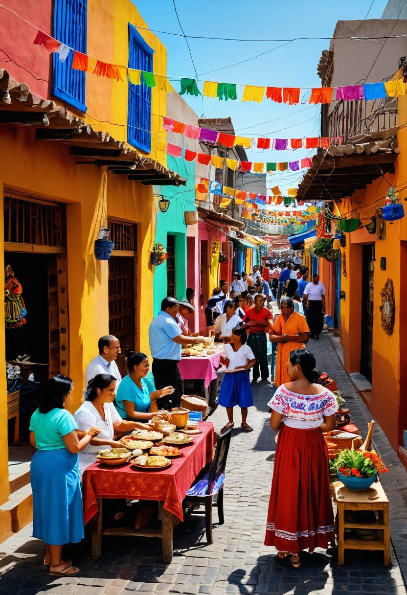A vibrant street scene depicting a multicultural neighborhood in Mixco, with people of diverse backgrounds joyfully interacting, celebrating their unique traditions and cultures. Include colorful decorations, food stalls showcasing various cuisines, and music instruments being played in the background. Showcase smiles and laughter, creating an atmosphere of unity in diversity. ultra-realistic. bright colors. dynamic composition.