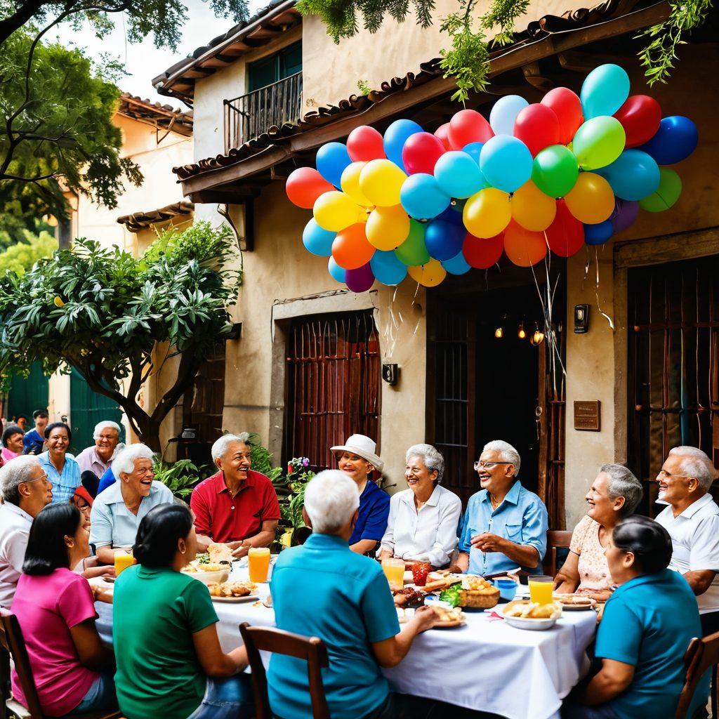 A vibrant community gathering in Mixco, featuring diverse groups of people laughing and sharing stories over a picnic. Colorful balloons and festive decorations adorn the scene, with a backdrop of lush greenery and traditional architecture. Children play together while elderly individuals smile, showcasing the joyful bonds of togetherness. Soft sunlight filters through trees, creating a warm and welcoming atmosphere. super-realistic. vibrant colors. community-focused.
